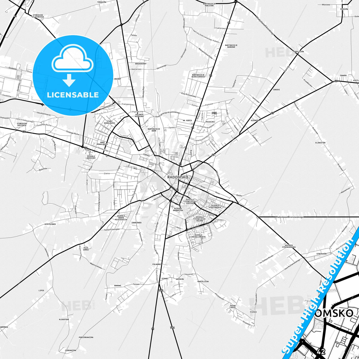 Radomsko, Poland Light Map with Street Names, City Names, and Districts