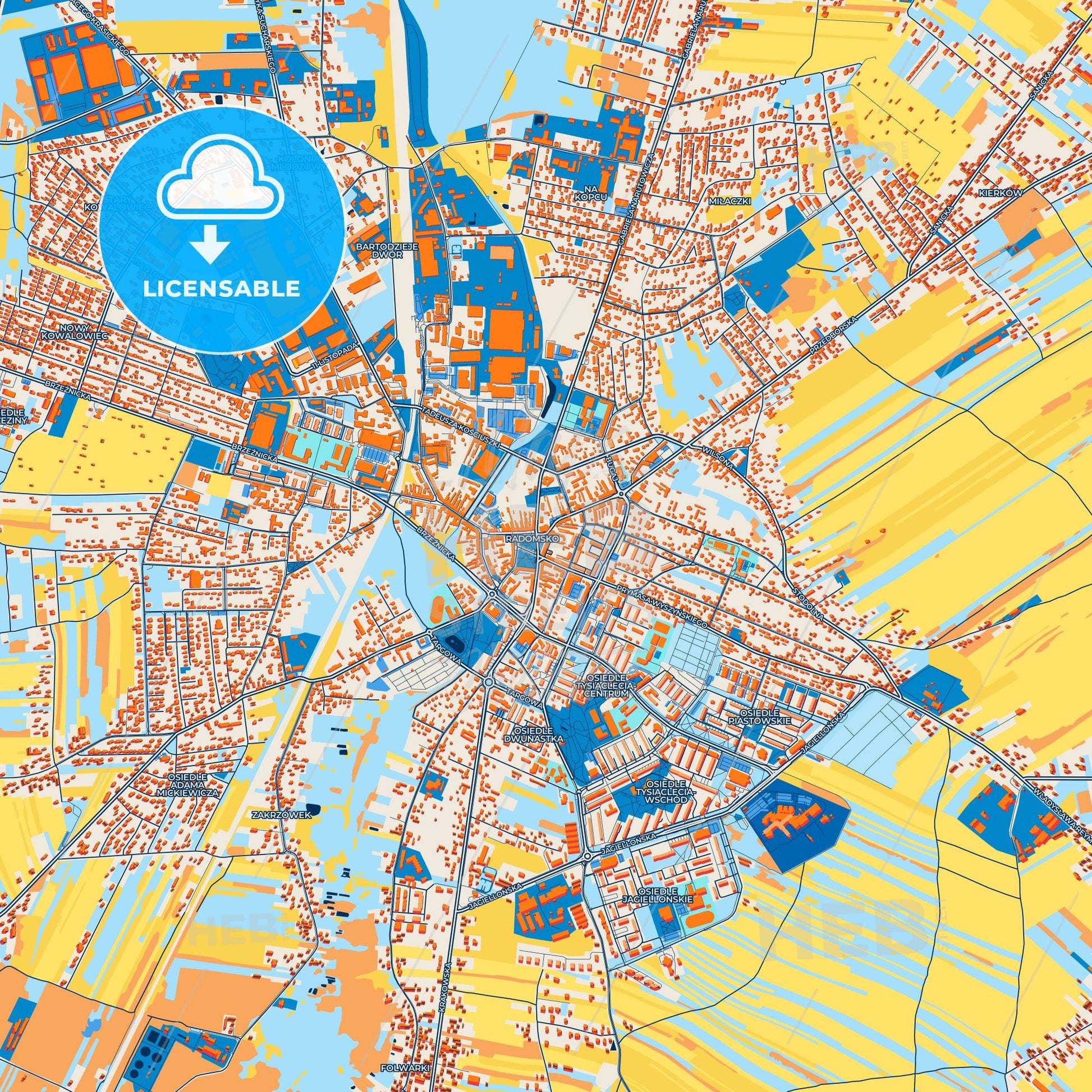 Colorful Radomsko Street Map with Labels and Buildings