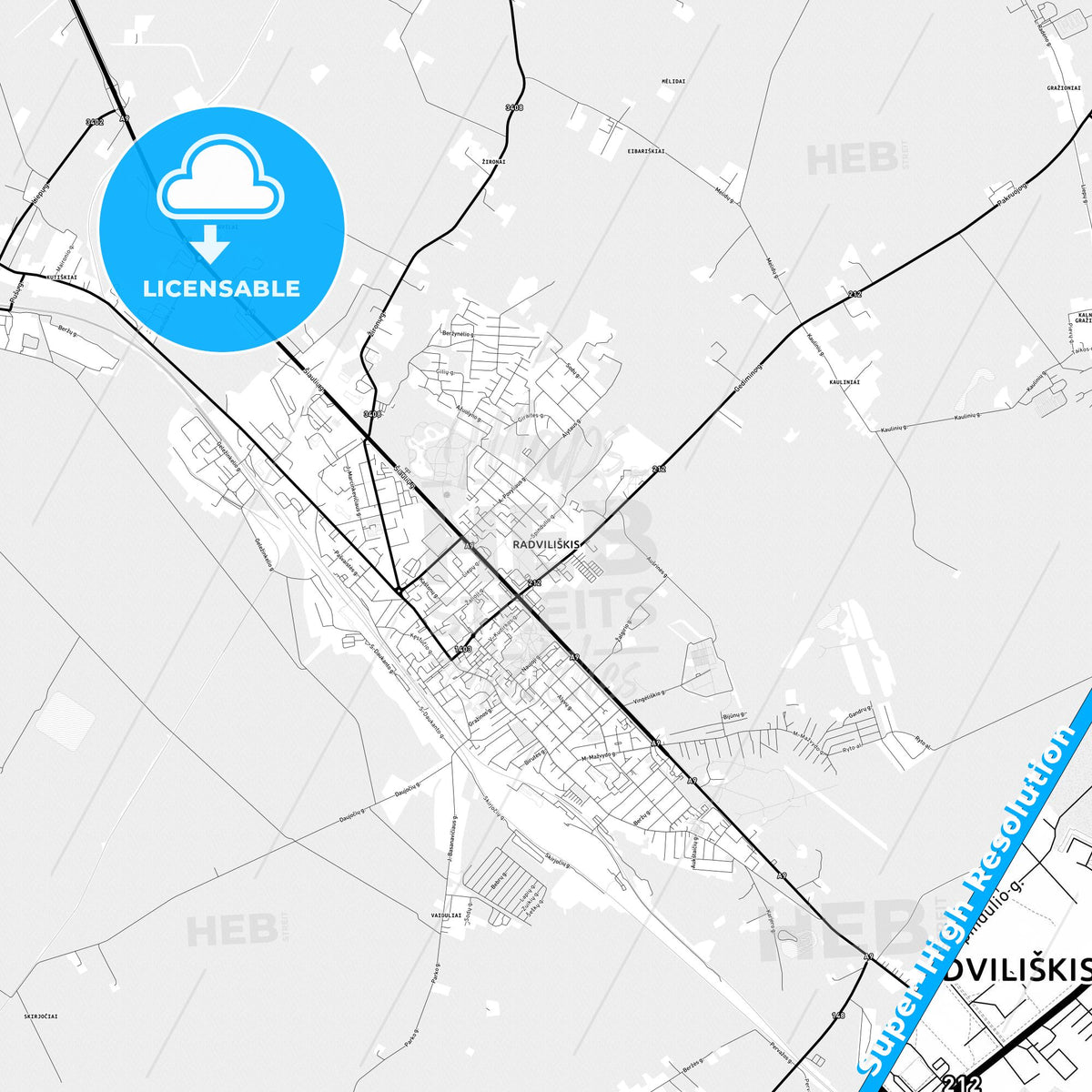 Radviliškis, Lithuania Light Map with Street Names, City Names, and Districts