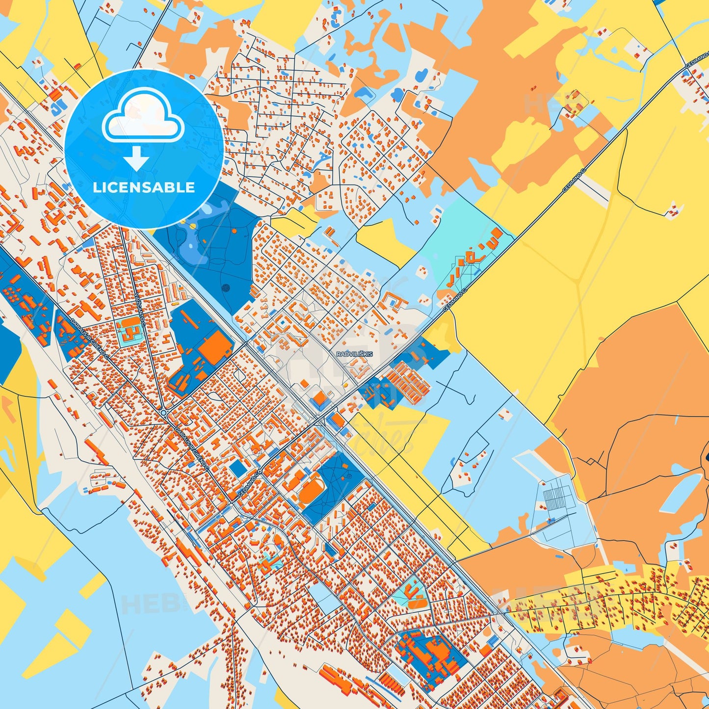 Colorful Radviliškis Street Map with Labels and Buildings