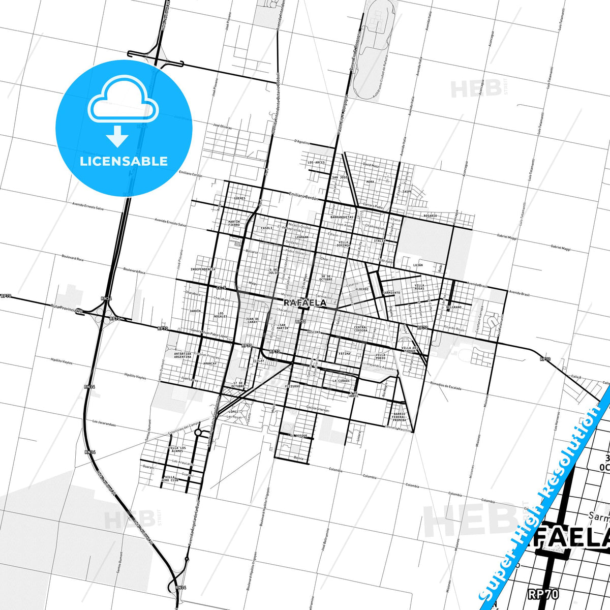 Rafaela, Argentina Light Map with Street Names, City Names, and Districts