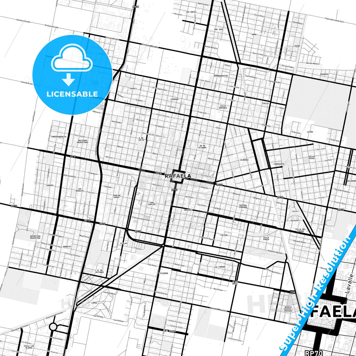 Rafaela, Argentina Light Map with Street Names, City Names, and Districts