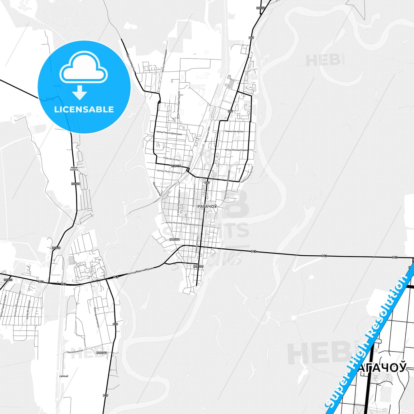 Rahachow, Belarus Light Map with Street Names, City Names, and Districts