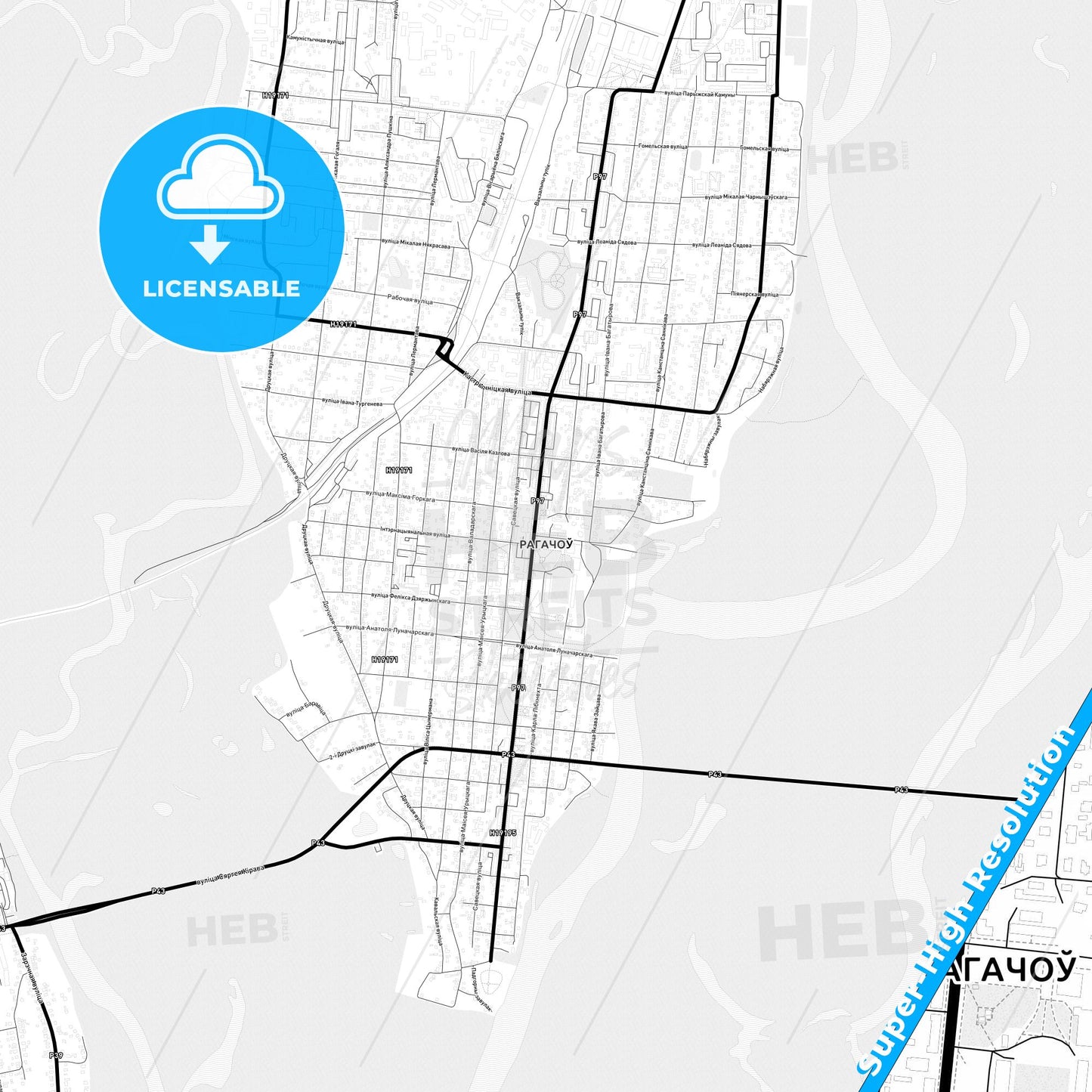 Rahachow, Belarus Light Map with Street Names, City Names, and Districts