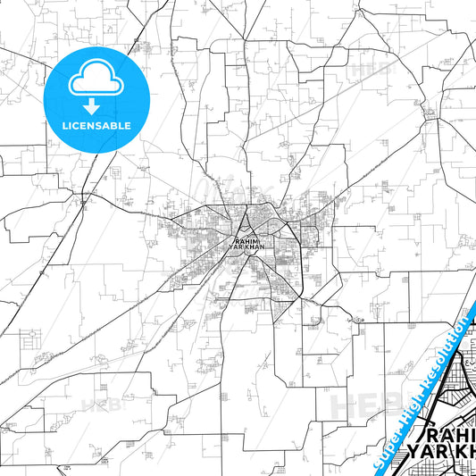 Rahim Yar Khan, Pakistan light map with streetnames, citynames and districts