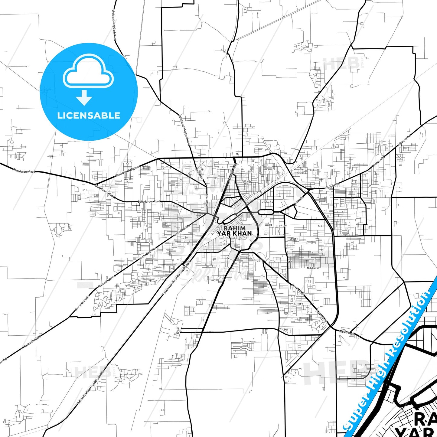 Rahim Yar Khan, Pakistan Light Map with Street Names, City Names, and Districts
