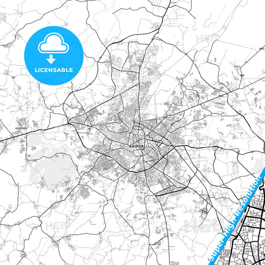 Raipur, India light map with streetnames, citynames and districts