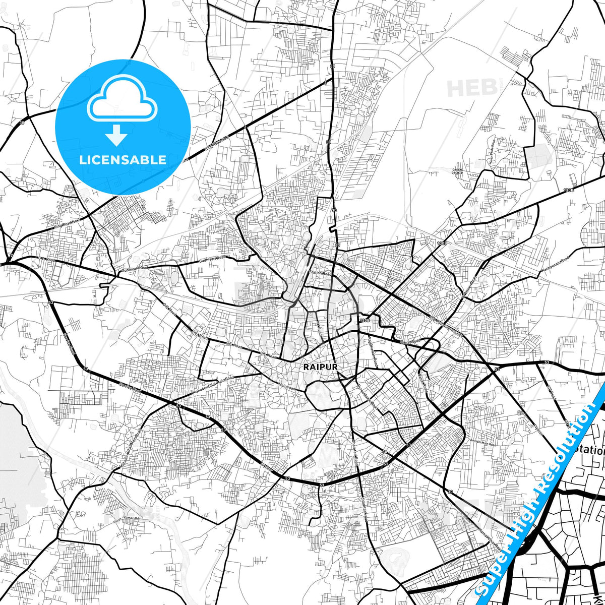 Raipur, India Light Map with Street Names, City Names, and Districts