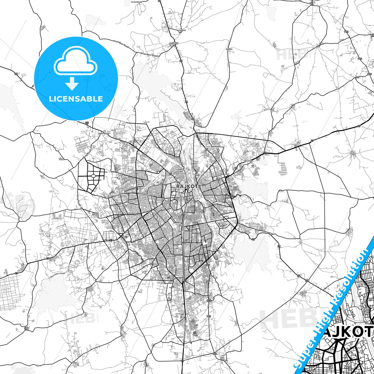 Rajkot, India light map with streetnames, citynames and districts