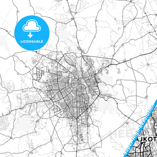 Rajkot, India light map with streetnames, citynames and districts