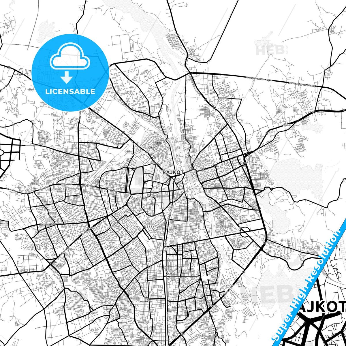 Rajkot, India Light Map with Street Names, City Names, and Districts
