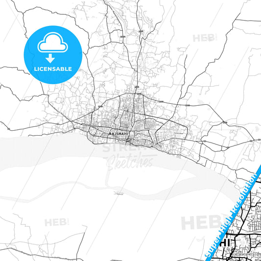 Rajshahi, Bangladesh light map with streetnames, citynames and districts