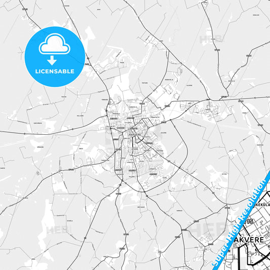 Rakvere, Estonia light map with streetnames, citynames and districts