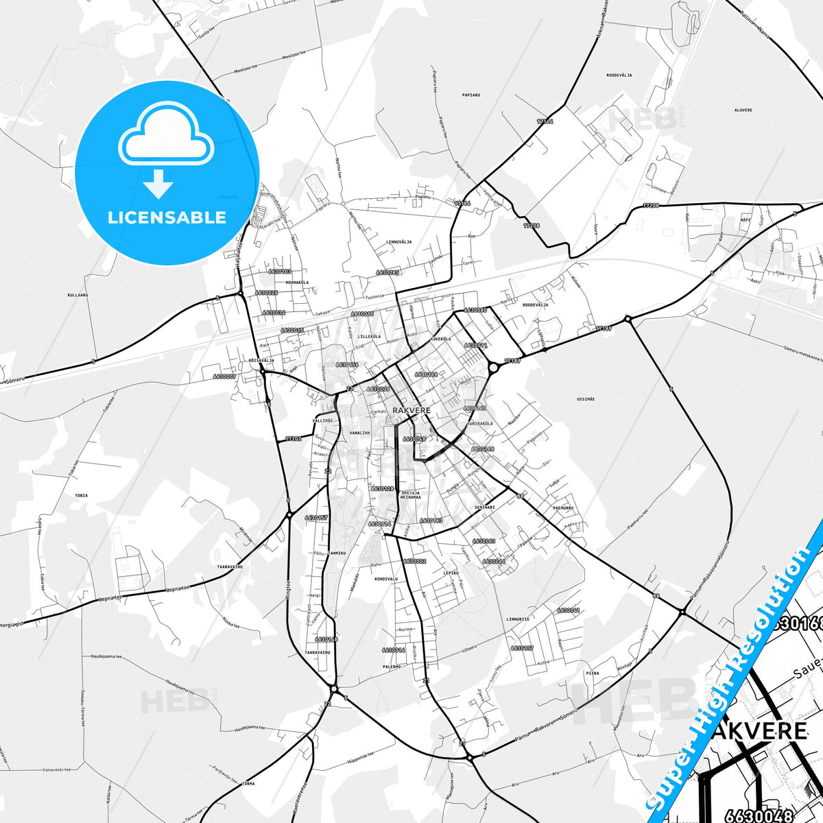 Rakvere, Estonia Light Map with Street Names, City Names, and Districts