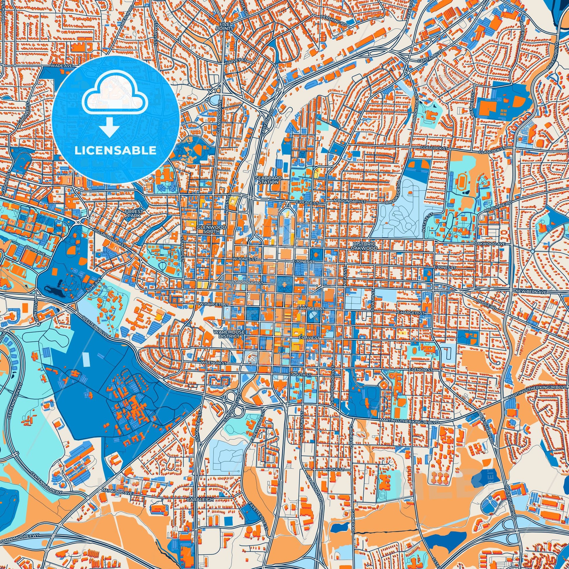 Colorful Raleigh Street Map with Labels and Buildings