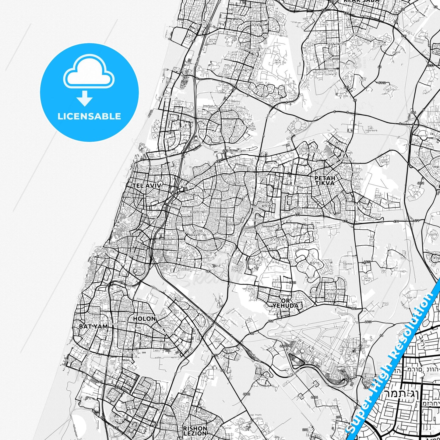 Ramat Gan, Israel light map with streetnames, citynames and districts