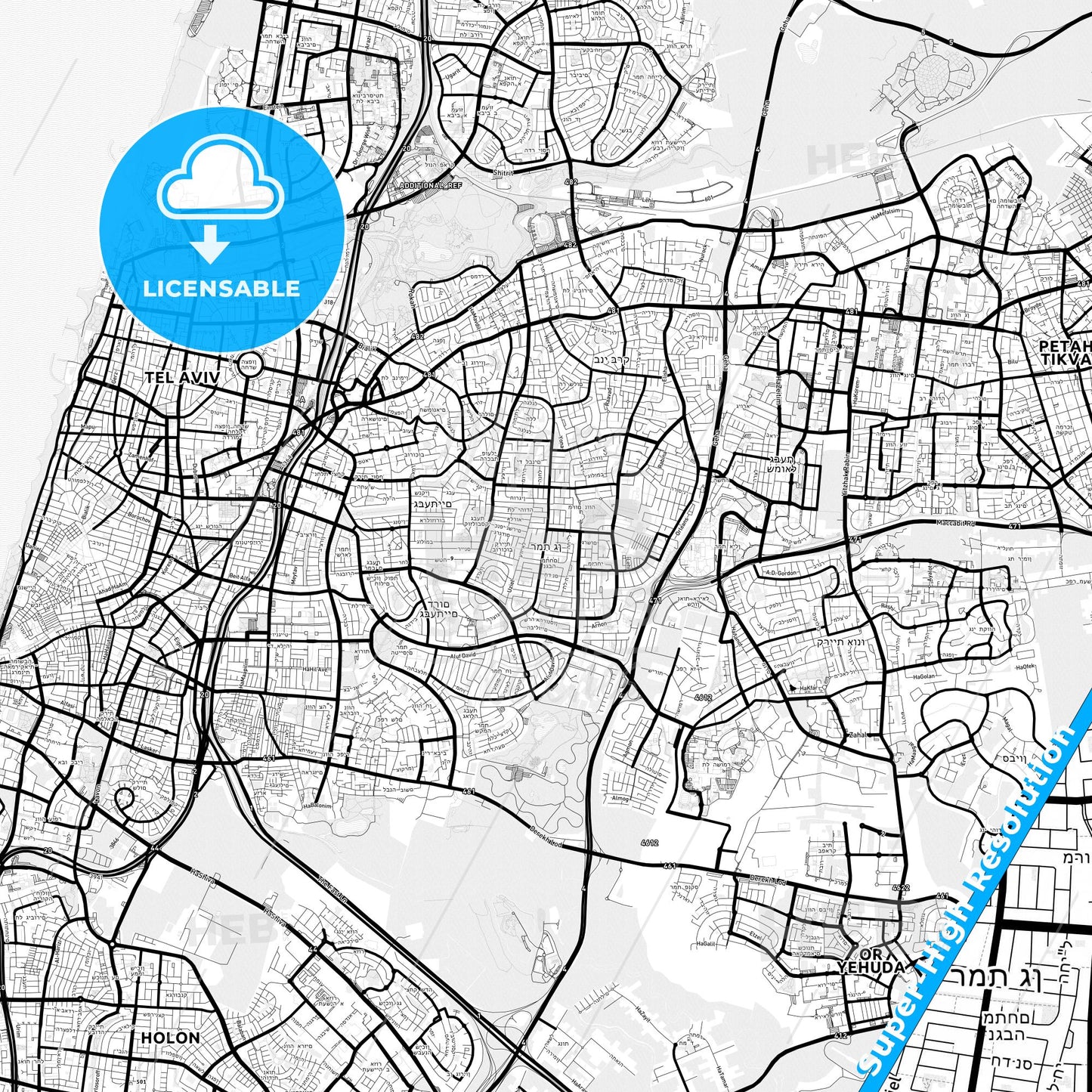 Ramat Gan, Israel Light Map with Street Names, City Names, and Districts