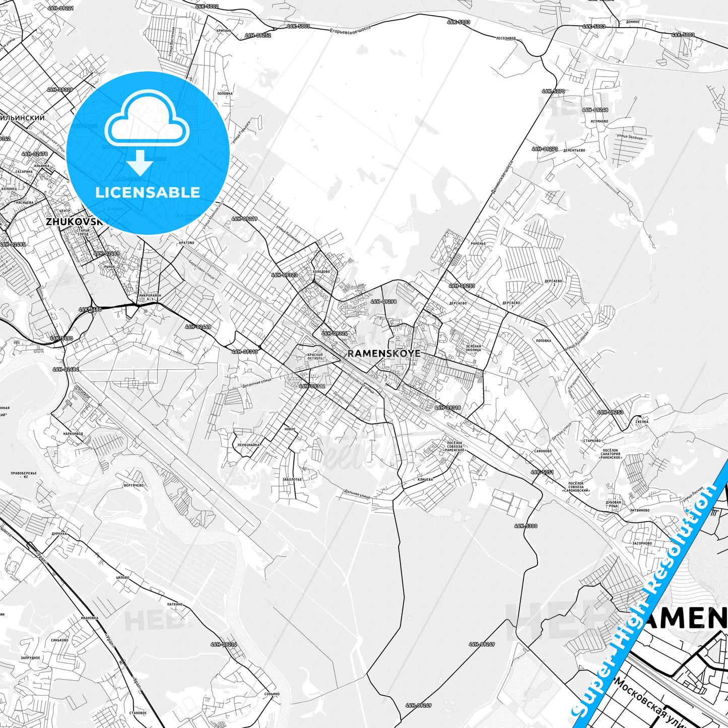 Ramenskoye, Russia light map with streetnames, citynames and districts