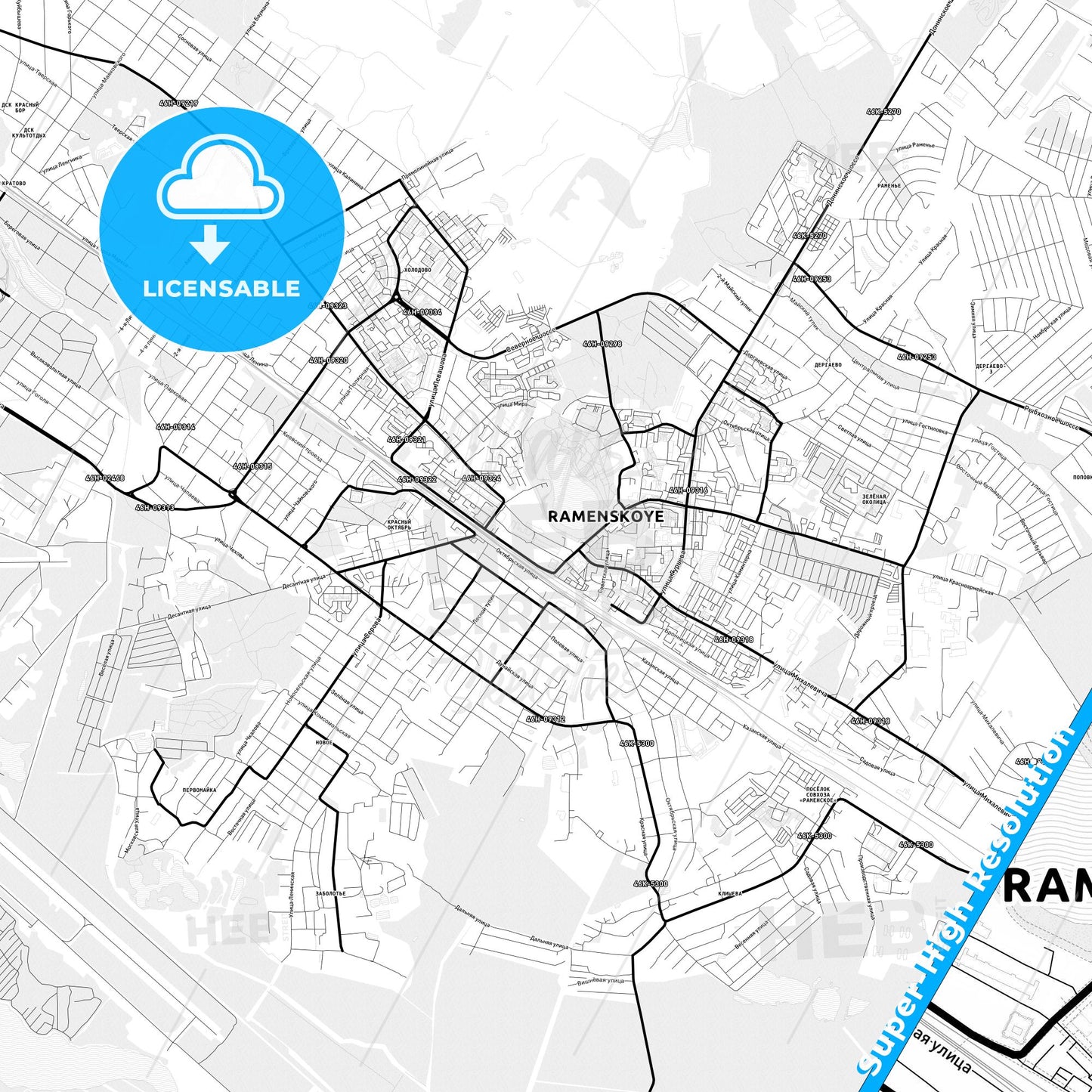 Ramenskoye, Russia Light Map with Street Names, City Names, and Districts