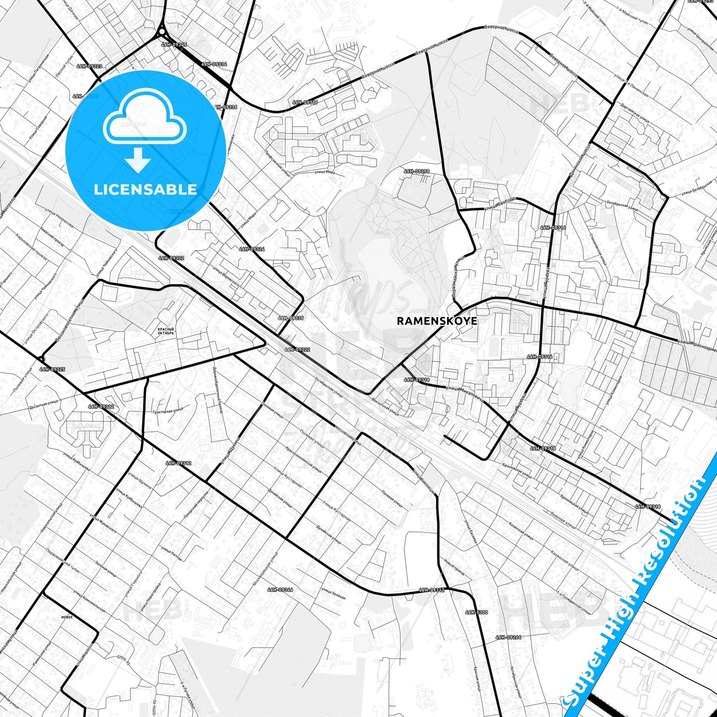 Ramenskoye, Russia Light Map with Street Names, City Names, and Districts