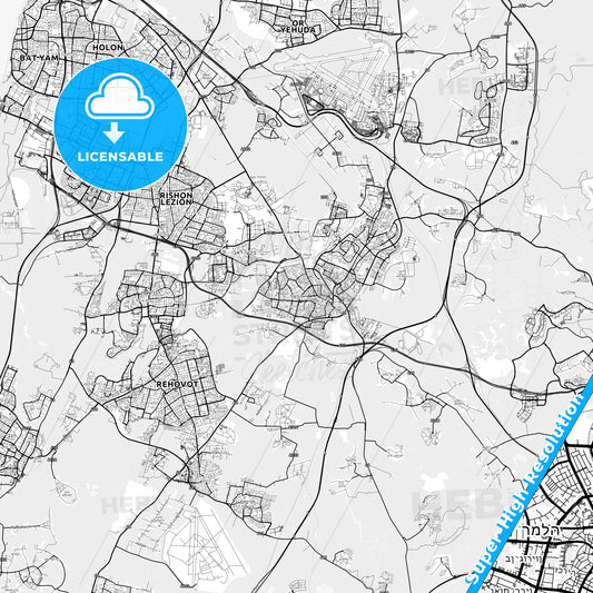 Ramla, Israel light map with streetnames, citynames and districts