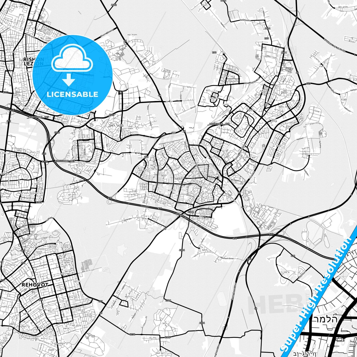 Ramla, Israel Light Map with Street Names, City Names, and Districts