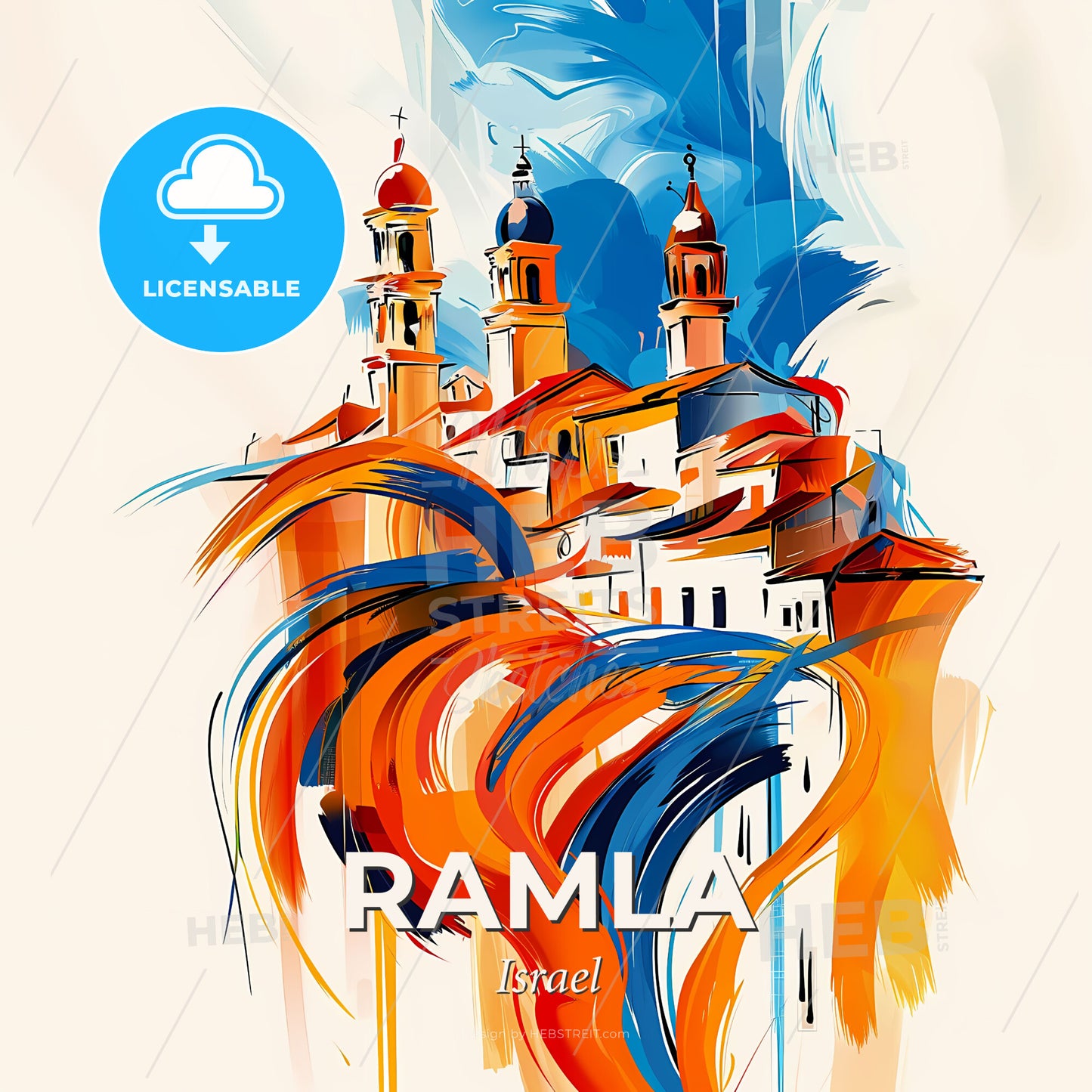 Vibrant Ramla, Israel - A Painting Of A Building With Towers And A Blue And Orange Sky - Square format print template