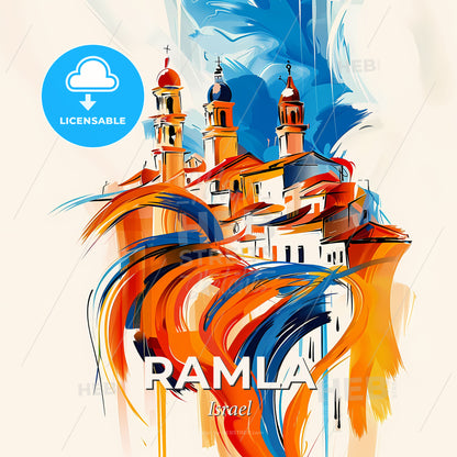 Vibrant Ramla, Israel - A Painting Of A Building With Towers And A Blue And Orange Sky - Square format print template