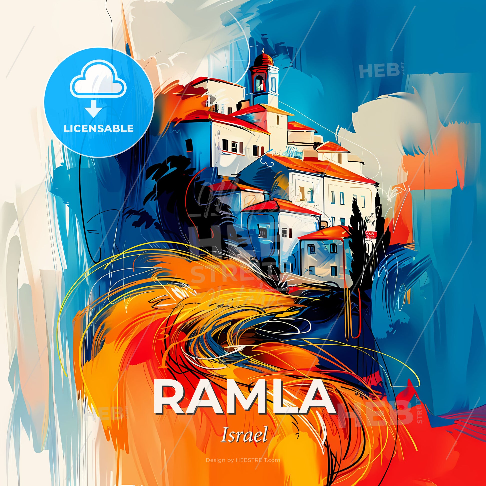 Vibrant Ramla, Israel - A Painting Of A Building With Orange And Blue Colors - Square format print template