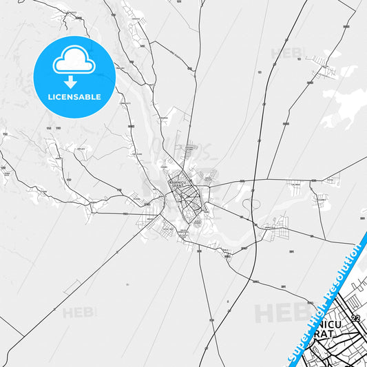 Râmnicu Sărat, Romania light map with streetnames, citynames and districts