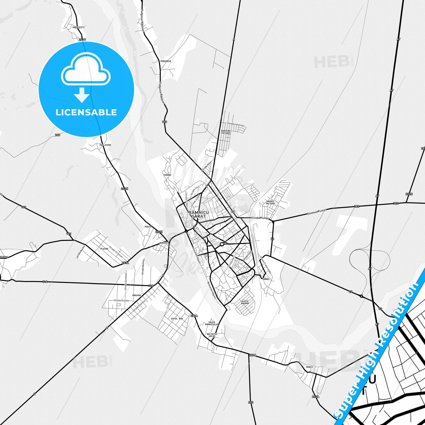 Râmnicu Sărat, Romania Light Map with Street Names, City Names, and Districts