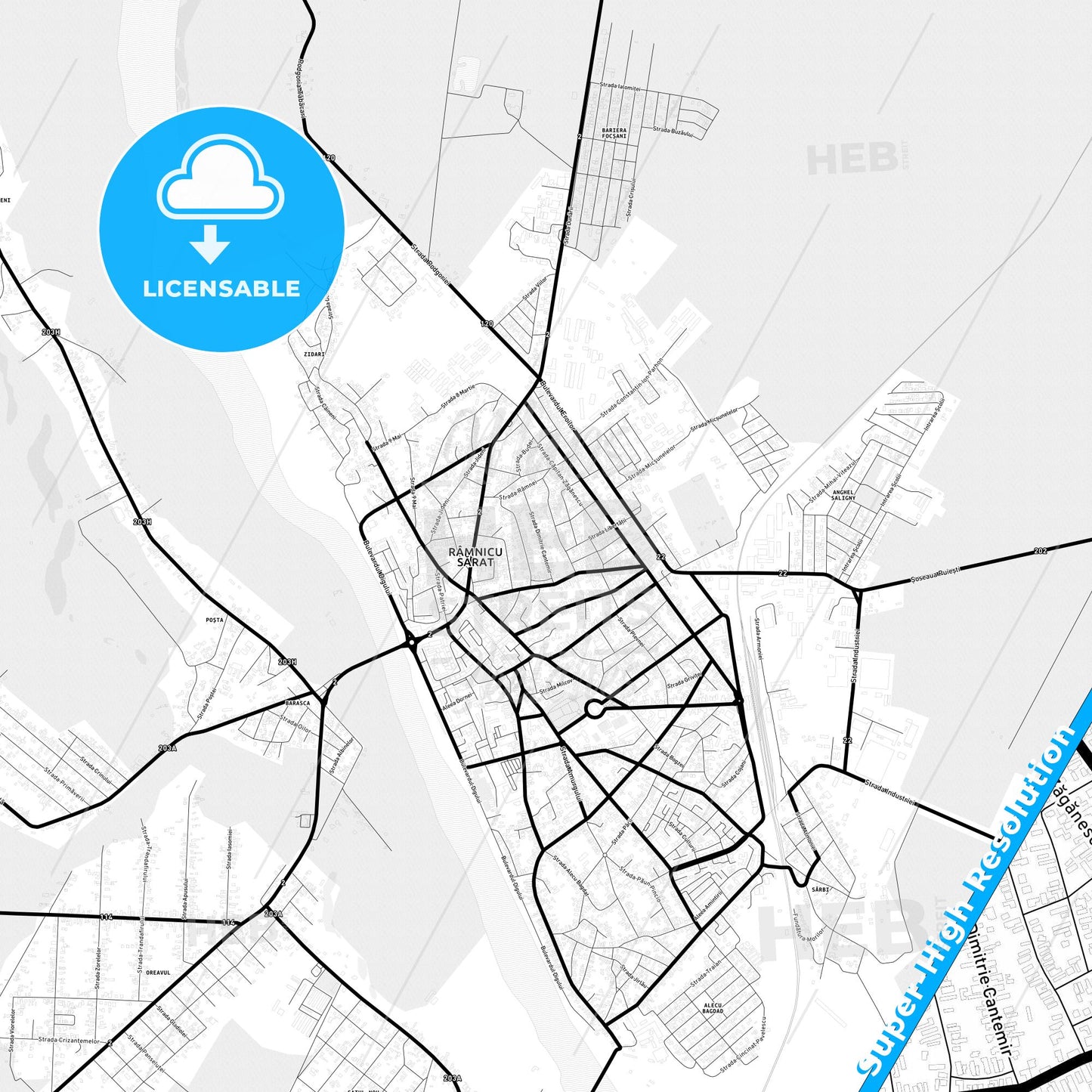 Râmnicu Sărat, Romania Light Map with Street Names, City Names, and Districts