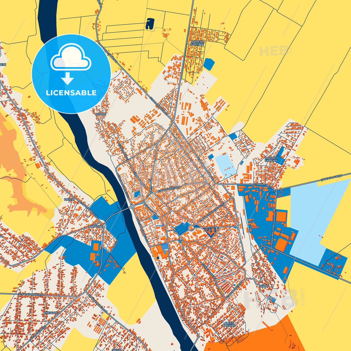 Colorful Râmnicu Sărat Street Map with Labels and Buildings