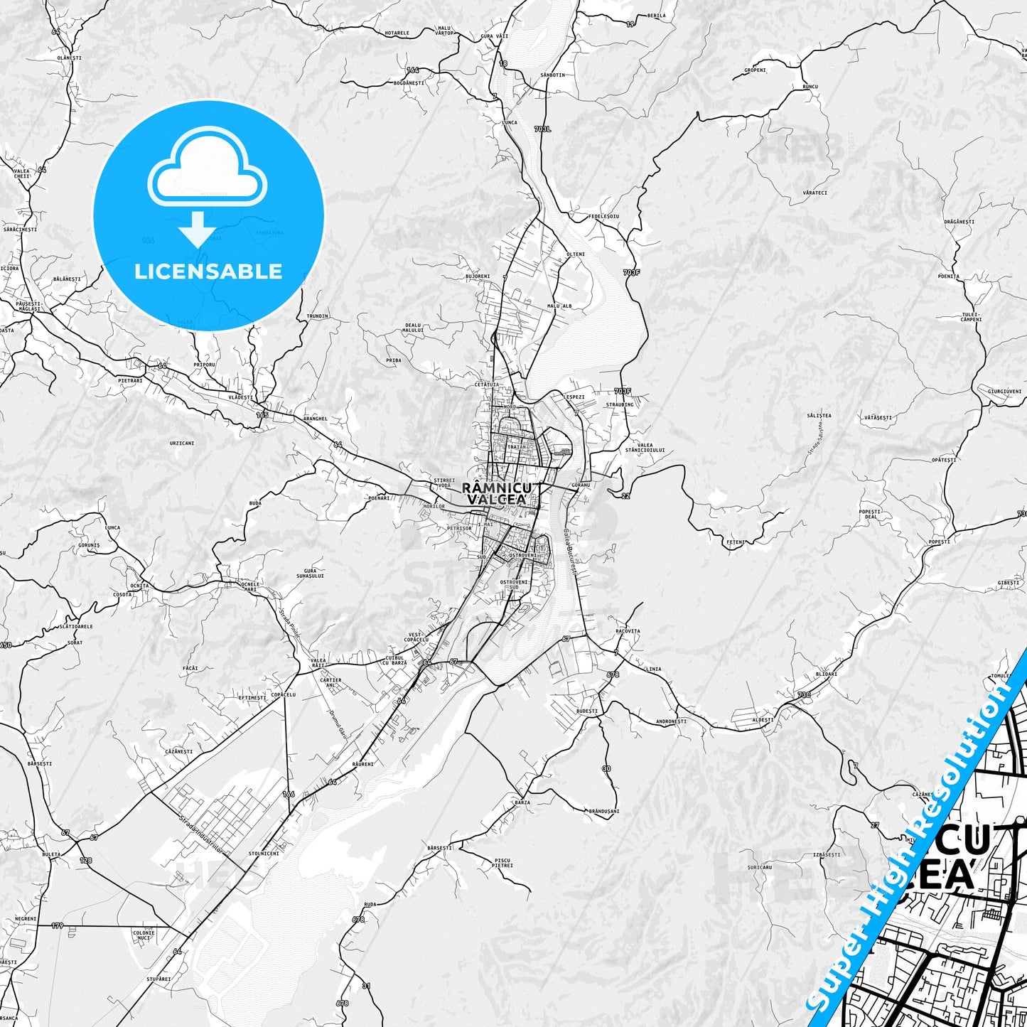 Râmnicu Vâlcea, Romania light map with streetnames, citynames and districts