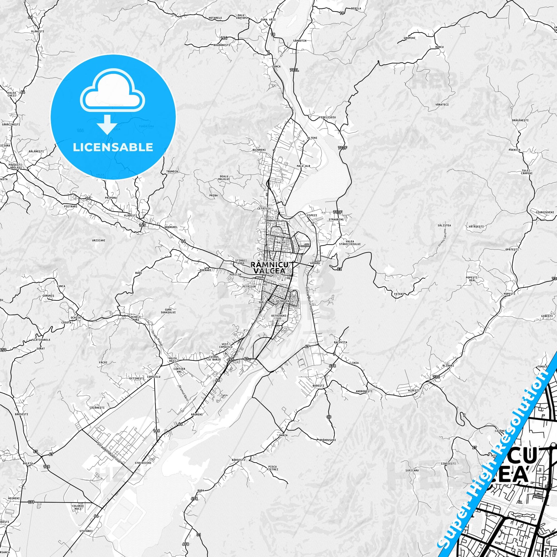 Râmnicu Vâlcea, Romania light map with streetnames, citynames and districts