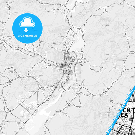 Râmnicu Vâlcea, Romania light map with streetnames, citynames and districts