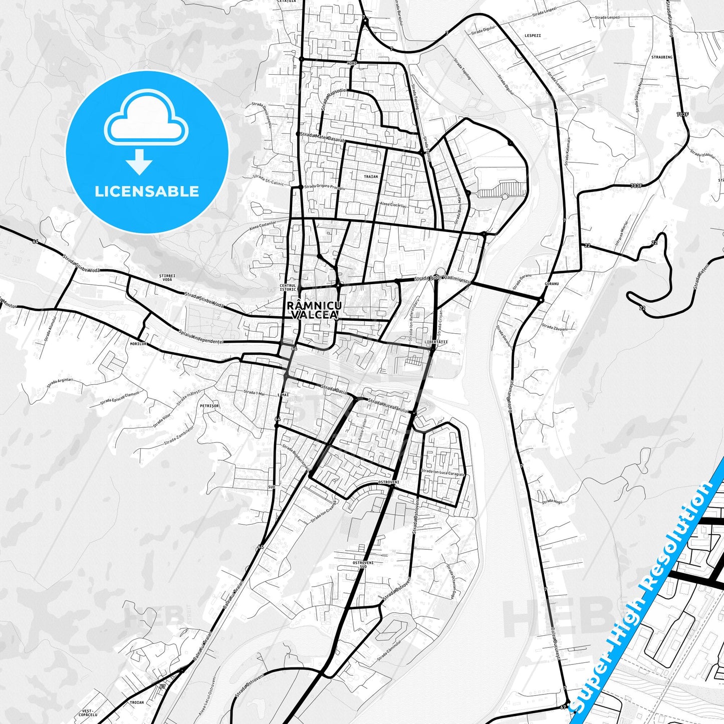 Râmnicu Vâlcea, Romania Light Map with Street Names, City Names, and Districts