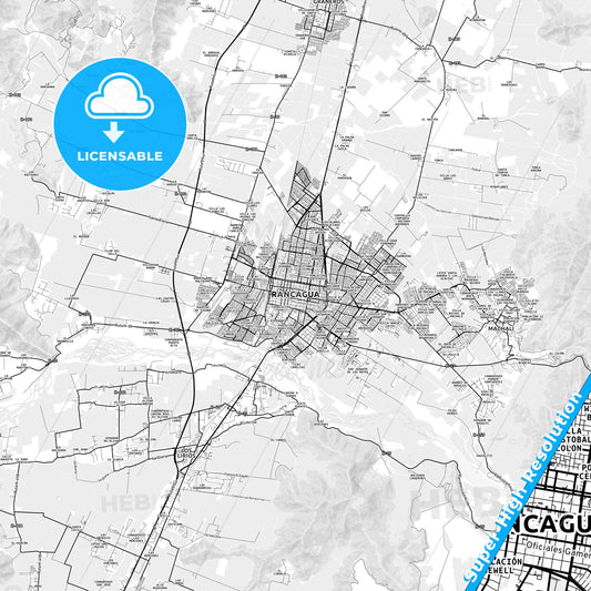Rancagua, Chile light map with streetnames, citynames and districts