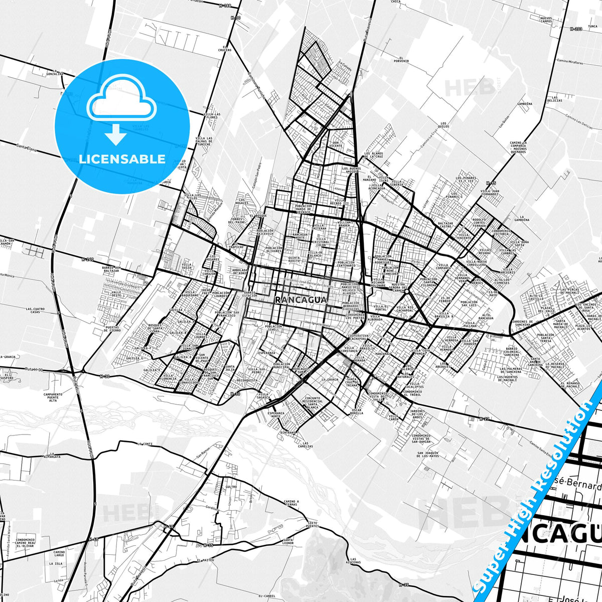 Rancagua, Chile Light Map with Street Names, City Names, and Districts