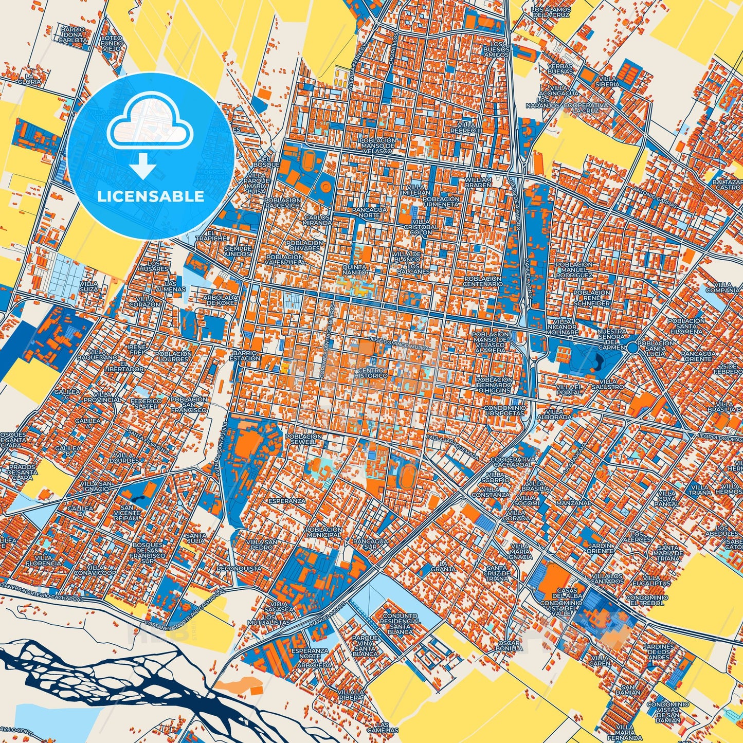 Colorful Rancagua Street Map with Labels and Buildings