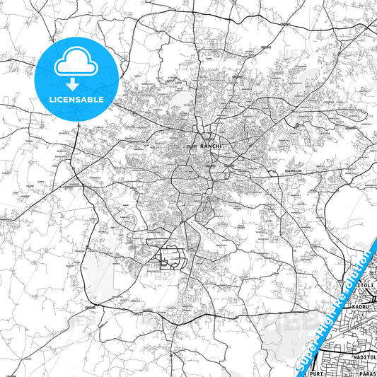 Ranchi, India light map with streetnames, citynames and districts