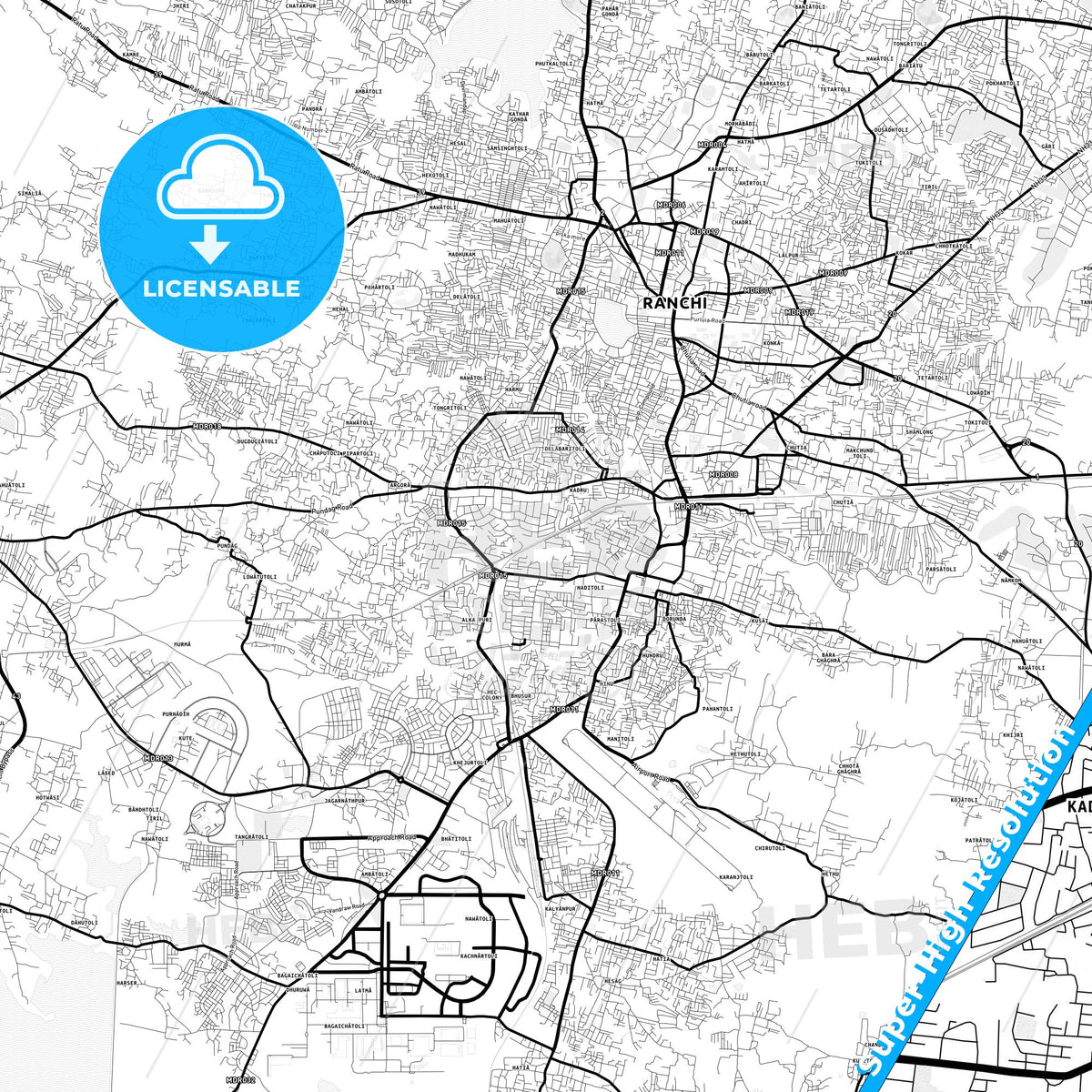 Ranchi, India Light Map with Street Names, City Names, and Districts