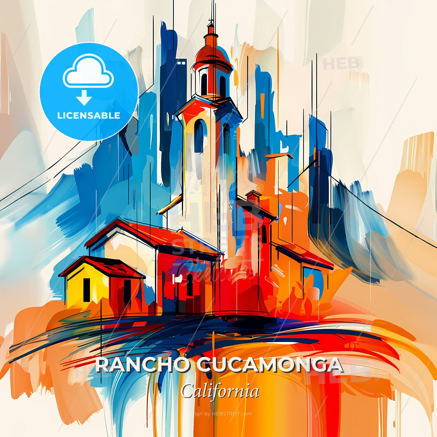 Vibrant Rancho Cucamonga, California - A Painting Of A Building And A Tower - Square format print template