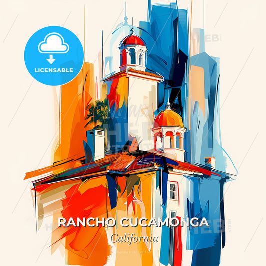 Vibrant Rancho Cucamonga, California - A Painting Of A Building With A Tower And A Tree - Square format print template