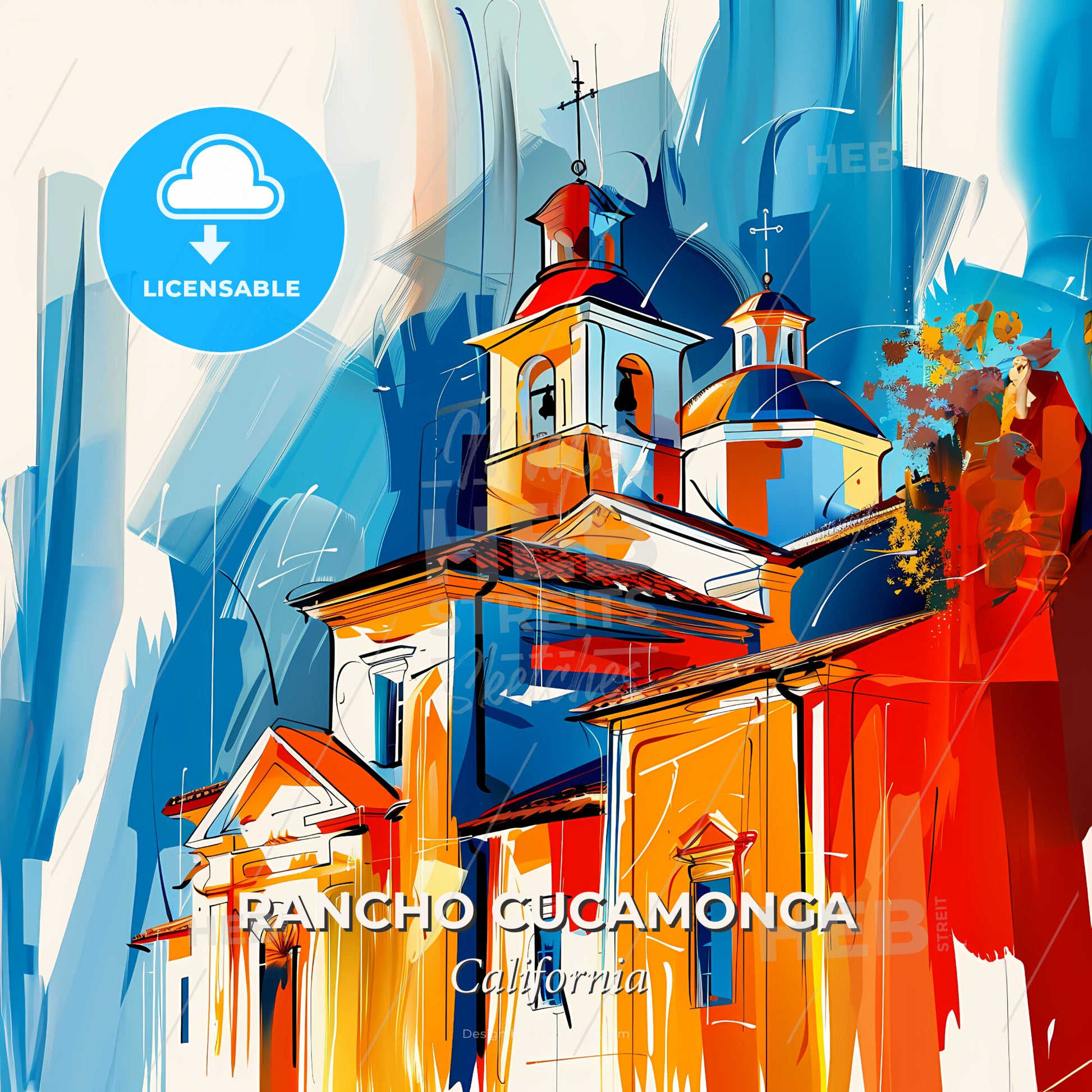 Vibrant Rancho Cucamonga, California - A Painting Of A Building With A Steeple - Square format print template