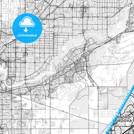 Rancho Cordova, California light map with streetnames, citynames and districts