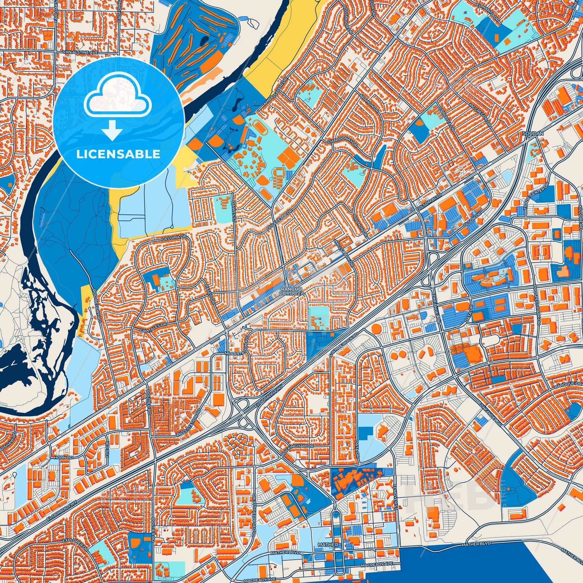 Colorful Rancho Cordova Street Map with Labels and Buildings