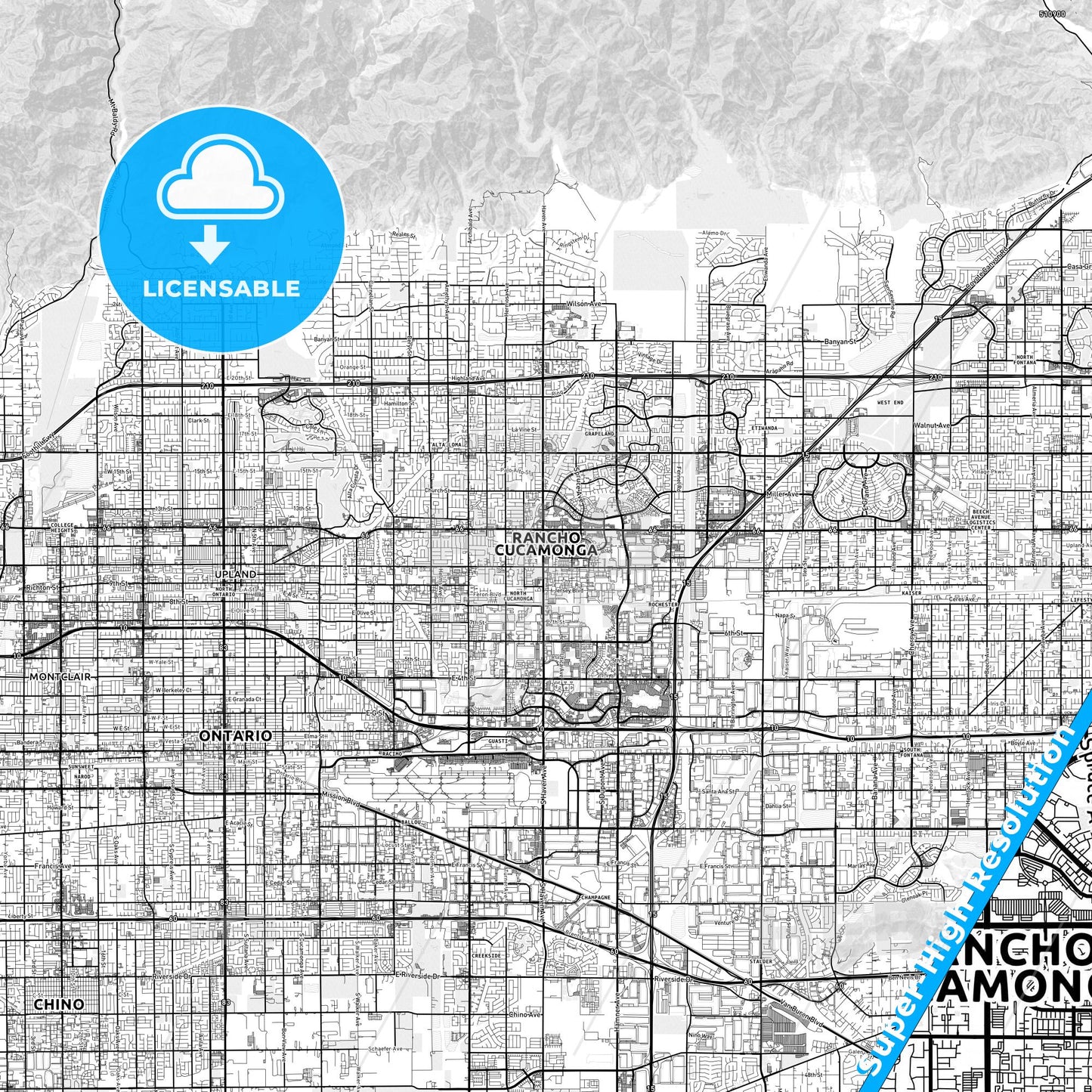 Rancho Cucamonga, California light map with streetnames, citynames and districts