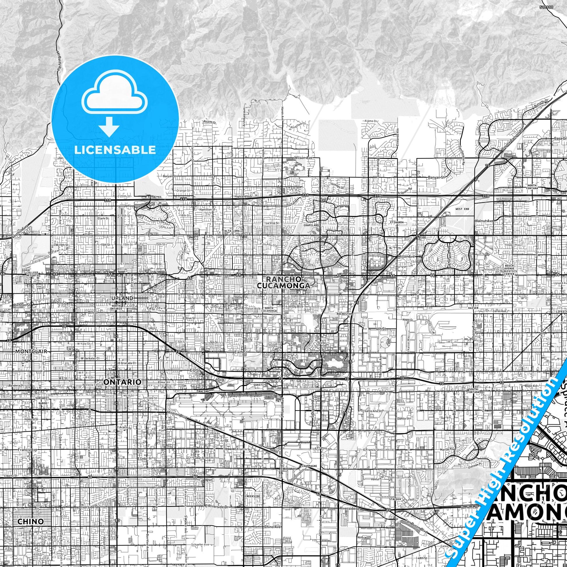 Rancho Cucamonga, California light map with streetnames, citynames and districts