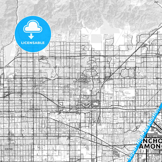 Rancho Cucamonga, California light map with streetnames, citynames and districts